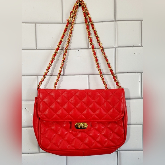 Borelli Vintage Red Leather Quilted Shoulder Purse Gold Hardware Sliding Adjusta - Picture 5 of 8